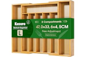 Kitsure Silverware Organizer - Expandable Bamboo Kitchen Drawer Organizer, Adjustable Cutlery Tray for Kitchen Storage & Organisation, 33.6 x 4.5 x 29.0-47.0 cm