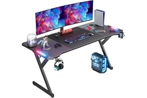 HLFURNIEU LED Bureau Gaming 160 x 60 cm, Bureau Gamer avec Plateau en Fibre de Carbone, Table de Jeu Ergonomique avec Porte Gobelet et Crochet pour Casque, Noir