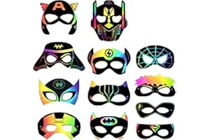 12 Pieces cartoon Scratch Art Masks EFOT-cartoon Colorful Scratch Mask Rainbow Magic Scratch Paper Masks Animation Themed Birthday Party Supplies DIY Art Mask for Wood Stylus for Boys Girls