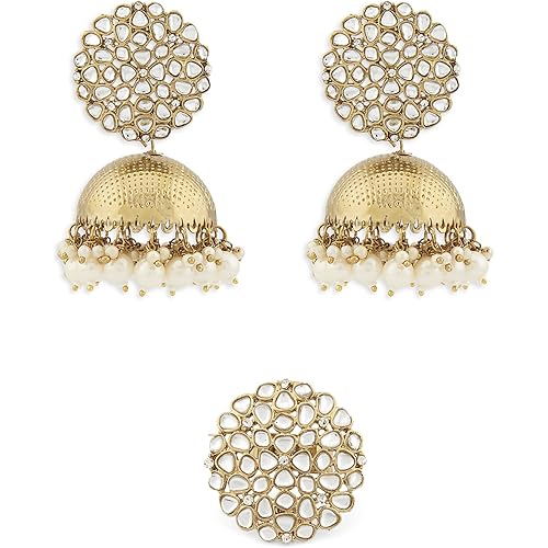 ZAVERI PEARLS Antique Gold Tone Traditional Kundan Jhumki Earring & Ring Set For Women-ZPFK13163