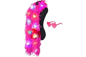 JIANGLAI Colorful Feather Boas, 6.6ft Boa with 20 Color LED Lights for Women for Dancing Wedding Party Halloween, with Heart Sunglasses (Hot Pink)