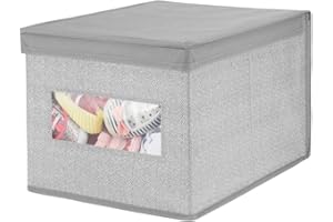 mDesign boîte de Rangement empilable en Fibre synthétique pour Dressing, Chambre à Coucher, etc. – Grande Caisse de Rangement avec Couvercle et fenêtre pour Conserver des vêtements – Gris