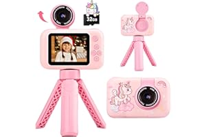 POSO Fotocamera per Bambini con Treppiede, Macchina Fotografica Digitale Unicorno per Ragazze e Ragazzi 3-10 Anni, 1080P, Display IPS 2.4", Obiettivo Rotante 180°, Scheda 32GB, Regalo Natale o Compleanno