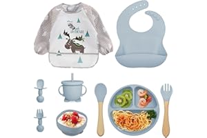 Tivifore Set Pappa per Bambini, Set da 9 Pezzi Svezzamento Set, Silicone Piatto con Ventosa Ciotola Cucchiaio Forchetta Bavaglino, Training Esercitarsi A Mangiare Da Soli, Set Pappa Svezzamento