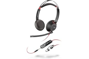 Poly Blackwire 5220 schnurgebundenes Headset, Flexibler Mikrofonarm mit Noise Cancelling, Ergonomisches Design, Verbindung mit PC/Mobilgeräten über USB-C, USB-A oder 3,5 mm, Teams/Zoom kompatibel