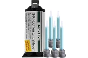 BER-FIX BerFix® 50 g Extreme 2K Colle haute performance 30 min Cartouche + 5 douilles de mixage – Très forte tenue – Résine et durcisseur – Colle le verre, la pierre, la céramique, les métaux, l'acier