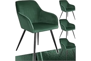 ‎TECTAKE tectake® 4er Set moderner Esszimmer Stuhl, Sitzfläche aus Samt, Armlehnstuhl, Sessel Wohnzimmer, gepolsterter Office Chair mit schwarzen Metallbeinen, Schminktisch Stuhl - dunkelgrün/schwarz