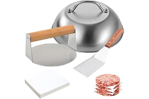 LEKEFETO Smash hamburgarpress-set, 3 delar hamburgarpress-set inkl. 15 cm rund smash hamburgare press & hamburgarklocka & grillspatel & 100 köttpastepapper, rostfritt stål grillbestickset för BBQ