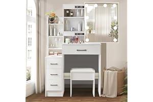 AOVQUOF Toaletka z oświetleniem LED Hollywood, zestaw toaletki z lustrem i taboretem, toaletka z 4 szufladami i 4 otwartymi przegródkami, nowoczesna toaletka z drewna do sypialni, biała