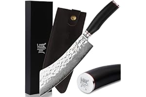 YOUSUNLONG Couteaux de rupture 228mm,Couteau de cuisine en acier damas martelé,Manche en bois de plomb avec cuir