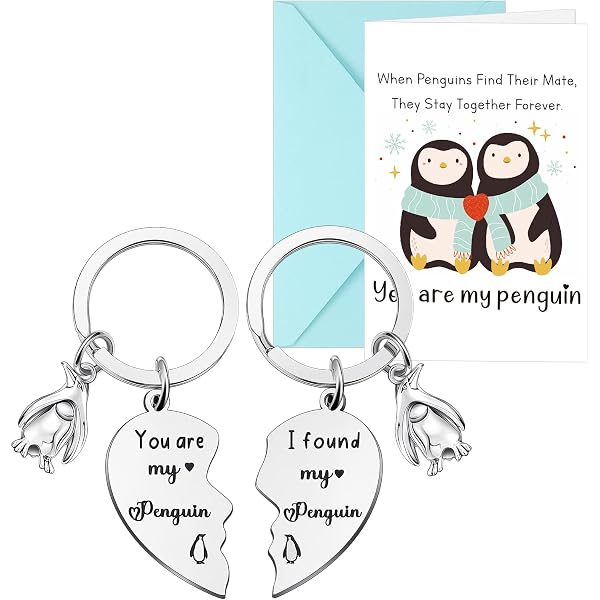 Portachiavi romantico con pinguino, in acciaio inossidabile