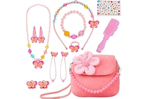 UYDF Kinderschmuck Kleine Handtasche,Mädchen Schmuck Plüsch Handtasche schmuckset mädchen Spielzeug mit Halskette,Armband Ring,Ohrring,Kamm,Strass-Aufkleber für Modeschmuck Anzieh,Rollenspiel