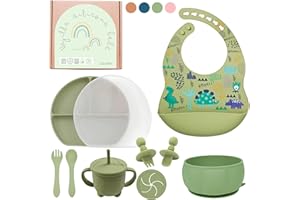 LAUTOKI ® | Vajilla Bebe de 11 Piezas | Vajilla Bebe Silicona sin BPA | Incluye: vaso aprendizaje, precucharas blw, babero silicona, plato ventosa, cuenco y tapa | Con caja regalo | Regalos para bebes