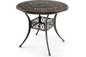 COSTWAY Mesa Jardin Exterior 90x74 cm, Agujero de Sombrillas, Mesa Redonda Terraza, Aluminio Fundido, Balcon Jardin Terraza Exterior, Carga 91kg, Negro y Bronce (Redonda)
