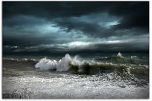 AUGENBLICKE WANDBILDER 120 x 80 CM Print on Canvas and Frame Ocean Waves and Storm Clouds Dark Canvas Picture on Stretcher Frame modern Stylish pictures and ornaments