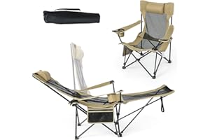 COSTWAY Chaise Pliante Camping, Chaise Longue Réglable sur 4 Positions, Repose-Pieds Amovible, Appui-Tête, Poche, Porte-Gobelet, Fauteuil Inclinable pour Plage Pêche Bureau, Charge 150KG, Kaki