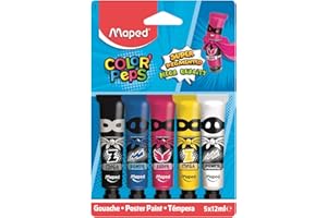 Maped - Peinture Gouache Enfant - 5 Couleurs Intenses Super Pigmentées - Facile à Ouvrir - Bouchon vissé - Couleurs Primaires - 5 Tubes de 12 ml, cyan, magenta, jaune, noir et blanc