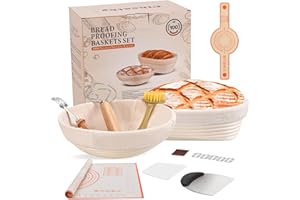 Clheatky Cestino Lievitazione Pane Set Da 2, 25cm Rotondo e Ovale Cesto Lievitazione Pan in Rattan Naturale, Utensili Completi per la Preparazione del Pane per Panettieri Professionisti e Casalingh