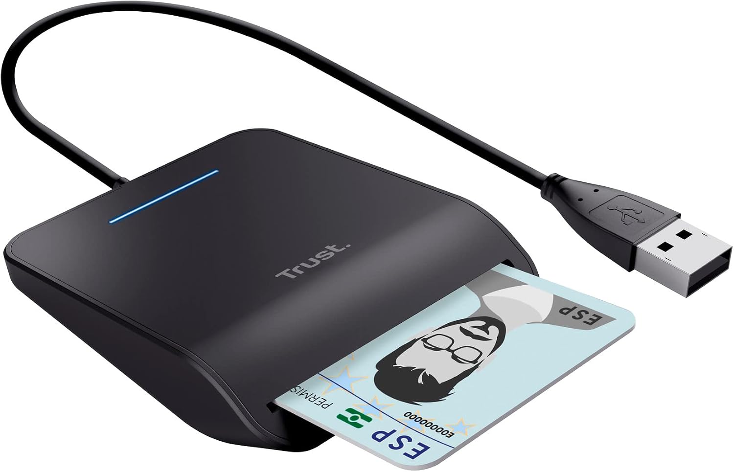 Trust Lecteur de Carte DNI USB, Lecteur de Carte Identité, Noir | Conforme FIPS 201 FIPS TAA et ISO 7816 Classe A / B / C, Câble de 100 cm, USB Plug & Play