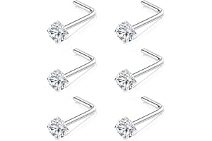 Chriscoco 6 Pezzi Piercing Naso Titanio G23 Piercing Naso Forma L Vite Piercing Naso Brillantino 3mm Cubico Zirconi Orecchini Naso Nostril Piercing 18G 20G Piercing Naso Argento Oro