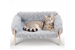 The Fellie Large Cat Sofa Bed, Sturdy Wooden Pet Sofas for Indoor Cats, Soft Cat Couch 56 x 45 x 27cm, Wooden Cats Hammock with Removable Washable Cover Hold up 10 kg, Grey