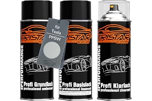 TRISTARcolor Billack sprayburkar för Tesla PPSW White Water Perl + klarlack | Shasta Perl White, Set med grundlack + baslack + klarlack, sprayburkar 400ml