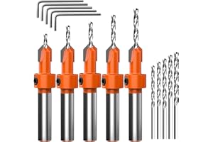 DOZYLIVE 5Pcs Adjustable 8mm Countersink Drill Bit Set with 5 Free Replaceable Drill Bits and 5 Hex Wrench, Wood Drill Bits for Woodworking, MDF, Plastic, Counter Sink Bits for Precise Pilot Holes