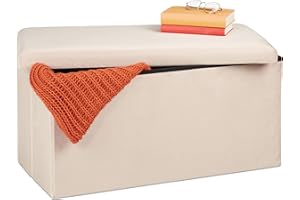 Relaxdays Panca Contenitore, Seduta Imbottita, 80 Litri, Pouf Cassapanca per Corridoio e Salotto, 38x77x39 cm, Crema, Gommapiuma