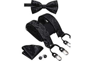 Dubulle Suspenders for Men Paisley Stripe Pretied Bow Tie and Suit Brace Pocket Square Set Adjustable Y Shape 6 Clips Wedding Party