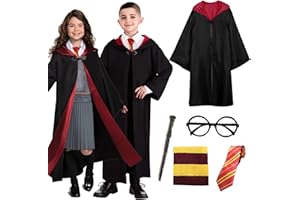 HVIERO Déguisement Harry Enfant Costume Magicien 4-13+ ans Deguisement Sorcier avec Cravate, Baguette Magique, Lunette, Écharpe Kit Accessoires Déguisement Cape Sorcier Enfant pour Halloween Carnaval