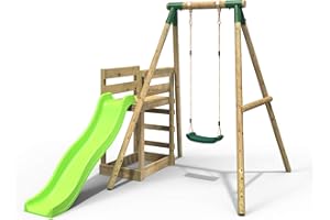 Rebo® Wooden Swing Set Plus Deck and Slide - Solar Green | OutdoorToys | Kids' Playset - Sturdy Construction, Pressure Treated Timber, Soft-Feel Ropes