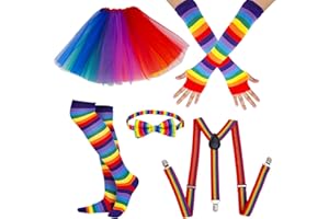 Girls'love talk 80s Kostüm Accessoires, Regenbogen Kostüm Damen Regenbogen Rock Erwachsene Tüllrock Tütü Damen Hosenträger Bow Tie and Suspender Set für 80er Jahre Retro Party Cosplay