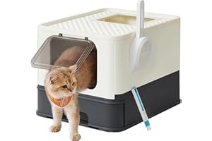 Feandrea Hidden Cat Litter Box, Cat Litter Tray with Hood, Slide-Out Tray, Scoop, Brush, Spacious for Large Cats, Max. Load 15 kg, Anti-Tracking, Anti-Leaking, Beige and Black PPT001W01