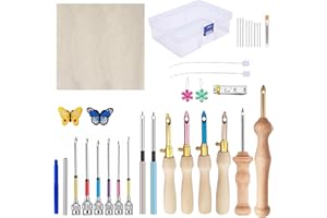 Qivine 35 Punch Needle Broderie Kit, Kit de Démarrage Punch Needle Réglable, Broderie d'Aiguille de Poinçon Kit avec Manche en Bois, Aiguilles à Gros Yeux, Tissus de Broderie, pour Adultes Enfants