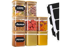 VORHOT 8x 500 ml Zestaw szklanych słoików do przechowywania, słoiki na przyprawy kuchenne, kwadratowe drewniane pokrywki, słoiki do przechowywania z możliwością układania w stosy, pojemniki szklane