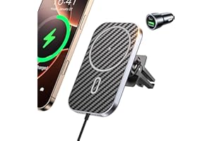 MUKIYA 15W für Mag Safe Autohalterung mit Ladefunktion, Mag-Safe Ladegerät Auto Lüftung Wireless Car Charger KfZ Magnet Handyhalterung für i-Phone 16 15 14 13 12 Pro Max Mini Plus, mit Adapter (Kohlefaser)