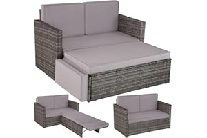 TecTake® Divano Lounge in Rattan Corfù, Componibile, Pouf con Sostegno Pieghevole, Cuscini Spessi, Telaio in Acciaio Verniciato, Alta Qualità, Comfort Superiore - Grigio