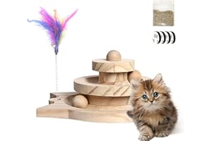 OHAANYY Jouet Interactif pour Chat, Jouets pour Chats en Bois, Jouet de Chat Drôle Tourne, Jouets pour Chats avec Plumes Amusant, Jouet Interactif pour Chaton en Bois, Jouet pour Chat et Chaton