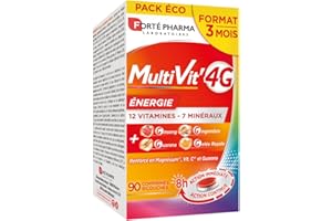 Forté Pharma - Multivit' 4G Energie - Complément Alimentaire Boost Energie, Fatigue - Vitamine C, Vitamine D, Ginseng, Gingembre, Magnesium, Zinc, Selenium, Fer, Cuivre - 90 comprimés, 3 mois