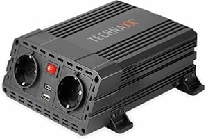 Technaxx Convertisseur de Puissance 12V DC à 230V AC – Onduleur Voiture Compact avec 2 Prises 230V + USB-C & QC 3.0 – Protection Surchauffe & Surtension – Modèle TE19