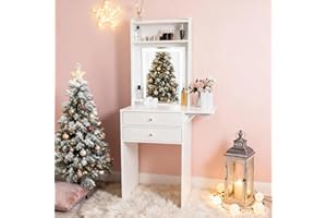 YOURLITE Dressing Table with LED Lights, Vanity Table with Adjustable Brightness Mirror, Makeup Desk with 2 Drawers and Open shelves, White Dressing Table with Fold-up Panel for Bedroom