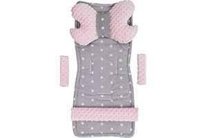 Medi Partners Sitzauflage Kinderwagen Buggy Baby Sommer Kindersitz Einlage Universal - 5tgl Gurtpolster + Spielbogen Kinderwagenset Babyschale (Sterne mit hellrosa Minky)