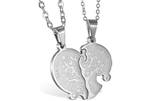 JewelryWe - Coppia Collana per Lui & Lei Regolabile Cuore Puzzle Albero della Vita con Zircone Lucido scritta I LOVE YOU Regalo per San Valentino