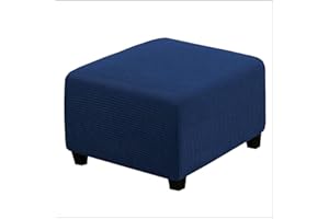 qiden Square Footstool Cover Stretch Ottoman Cover Plush, 10% Thicker Large Stretch Pouffe Cover Anti-Slip Foot Stool Jacquard Slipcovers With Elastic Bottom, Machine Washable-Navy
