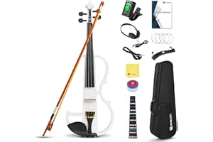 Vangoa 4/4 Electric Silent Violin Solid Wood Full Size Fiddle with Shoulder Rest, Violin Case, Extra Strings, Audio Cable, Rosin, Bow, White