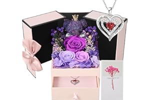 TOULOUBE Rosa Eterna con Oso de Musgo para Mujeres, Flores Natural Preservada con Collar Regalos Originales para Mujer Mama Novia Caja Regalo San Valentin,Dia de la Madre,Aniversario,Cumpleaños,Navidad
