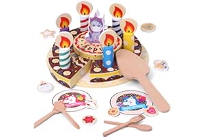Atoylink Licorne Gâteau d'anniversaire en Bois à Découper Aliments en Bois Dinette en Bois Cuisine en Bois Bougies Jeu d'imitación Jouet créatif Jouet en Bois Cadeau pour Enfants Fille (Chocolat)
