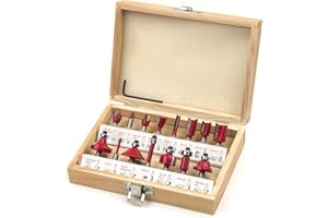Malayas 15Pezzi Set Frese per Legno, attacco da 6,35 mm 1/4 '' Set di punte per router con punta in carburo di tungsteno,in Scatola di Legno/