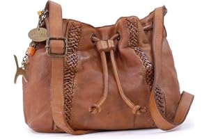 Catwalk Collection Handbags - Damska Torebka Crossbody - Średnia Torba Typu Worek ze Ściągaczem - Postarzana Skóra Vintage - Francesca