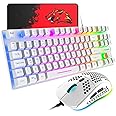 Gaming Keyboard & Mouse 88 Keys Rainbow Backlit USB Mechanical feel Ergonomic Keyboard + RGB 6400DPI Ultra-Light Honeycomb Shell Gaming Mouse,for PS4,PS5,Xbox,PC,Laptop,MAC, QWERTY UK Layout, White